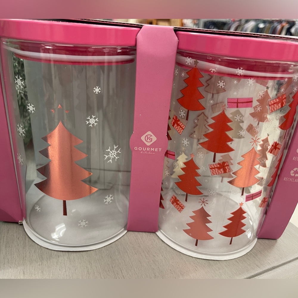 Pink Christmas Trees Glass Canister Jars with Pink Lids Set of 2 NWT 33.8 oz